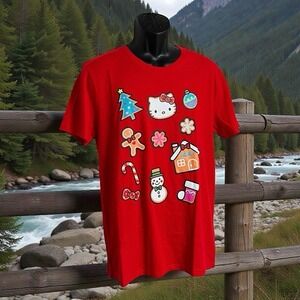 Sanrio Hello Kitty Men's M Gingerbread Short Sleeve Crew‎ Neck T-Shirt Red NWOT